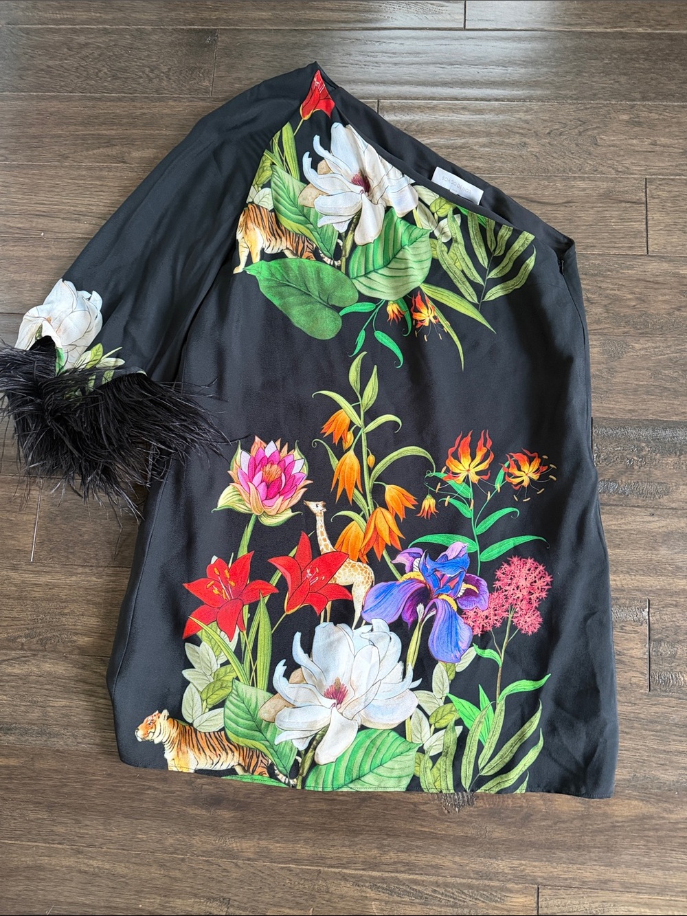 Borgo De Nor Black Floral One-Shoulder Top with Feather Cuff